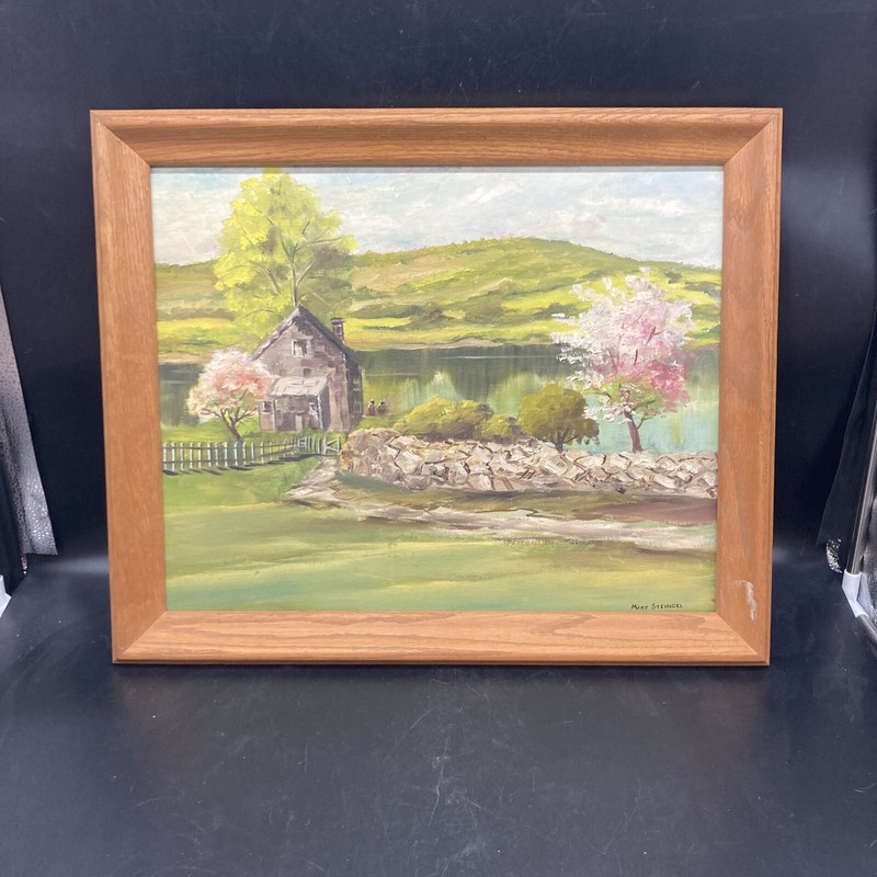 Country Lake side Cottage original art painting signed Mary Steindel 22.5″X18.5″