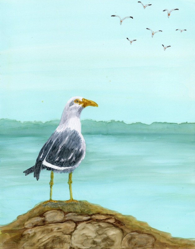 Alcohol Ink, Seagull Perched on Rocks, Original Painting, 5.5×7 Signed By Artist