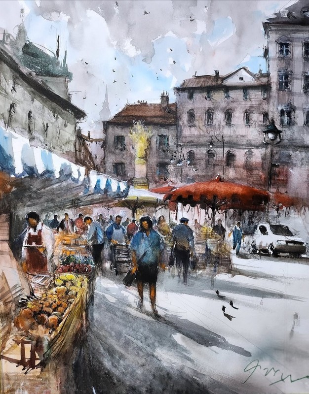 ORIGINAL PAINTING WATERCOLOR MARKET SQUARE ARCHITECTURE CITYSCAPE BRNO 20″x 15″