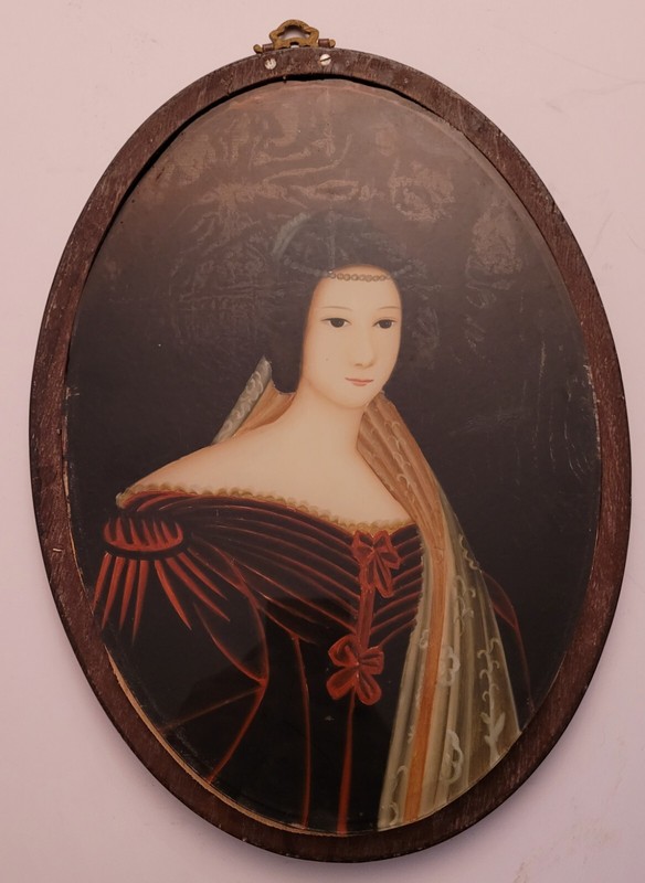 Antique c1800’s 1900’s Glass Oil Painting Victorian Lady Portrait Wood Frame