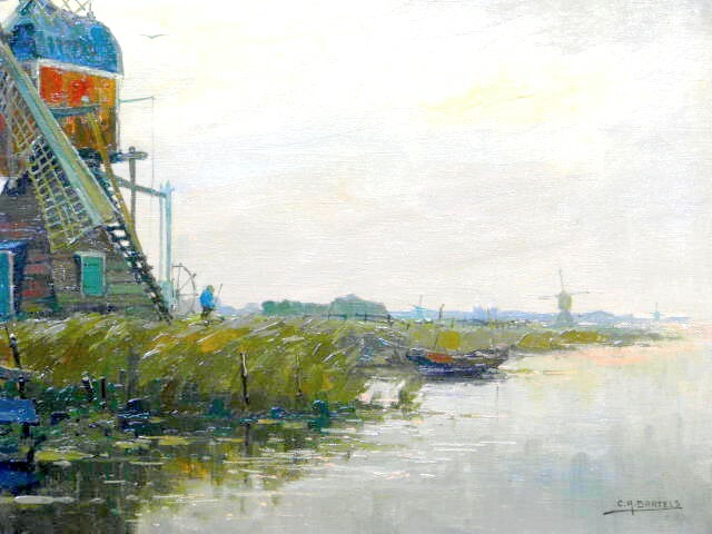 Painting by C. A. Bartels Dutch Seascape with Windmill around 1930 gallery