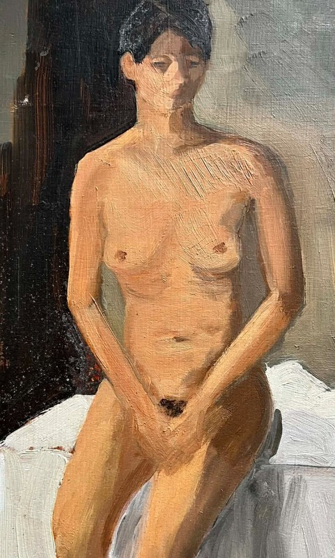 ARTIST UNKNOWN AUSTRALIAN UNSIGNED OIL "SEATED FEMALE STUDIO MODEL NUDE" 1990 gallery