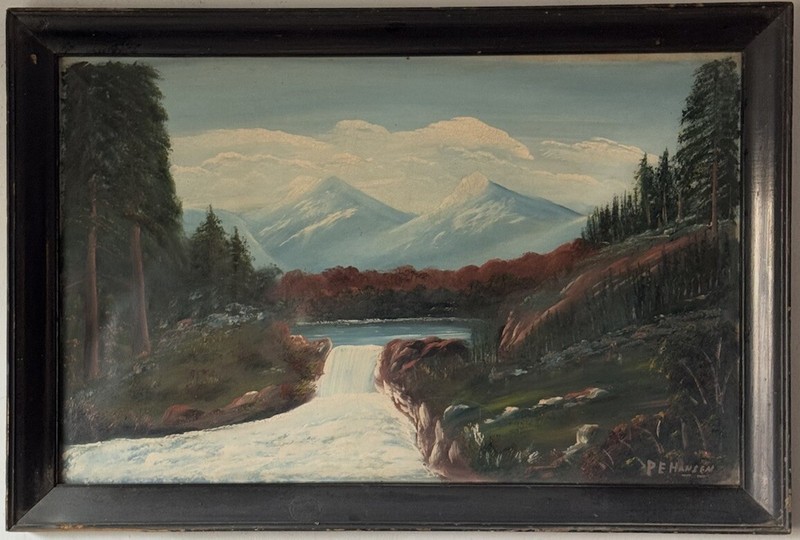 P.E HANSEN ANTIQUE LANDSCAPE IMPRESSIONIST OIL PAINTING OLD LAKE RIVER SNOW 1920
