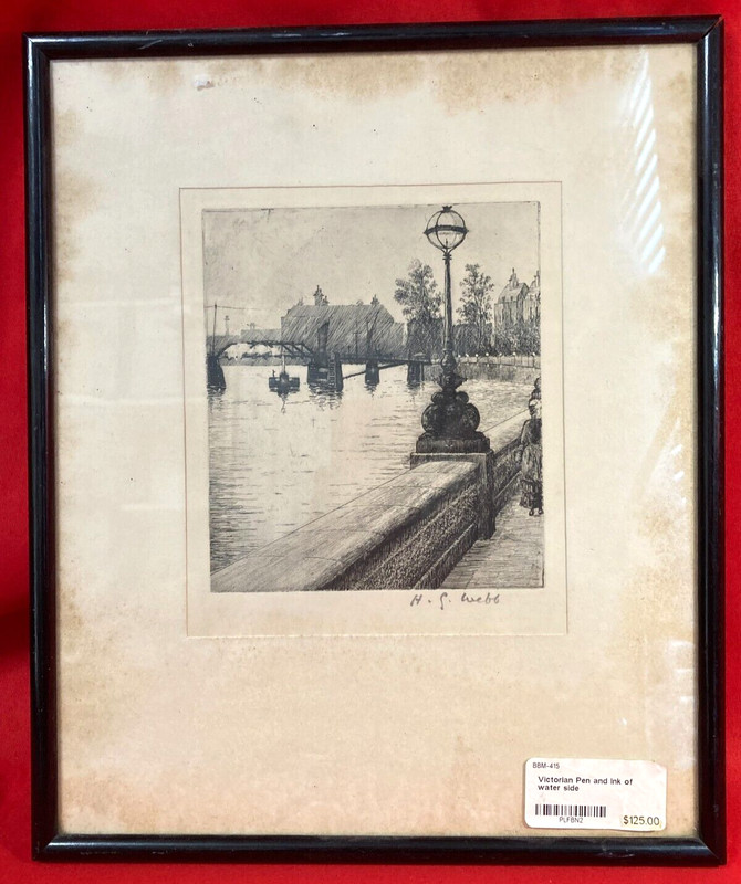 1929 Original Victorian Pen and Ink City Bridge Landscape Art Framed 10"x12" & gallery