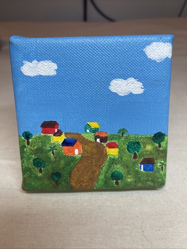 LV Original Mini Landscape Clouds & Homes Acrylic Painting on Canvas Small