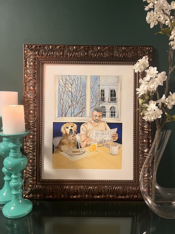 Oil Painting on Canvas, 16×20 inches, Breakfast, Dog, Golden, Retriever, man.