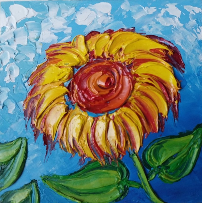 Framed Bright Sunflower Yellow Summer Flower 4x4" Impasto Oil Painting Original gallery