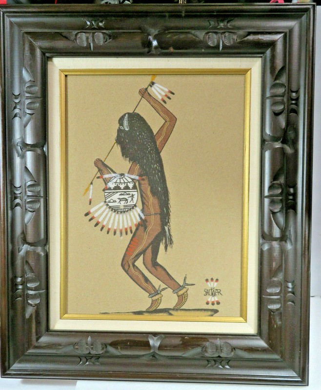 Super!Mid century INDIAN sand art painting 24″X20″signed SALWER