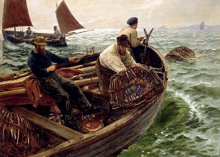 High-quality oil paint fishermen on Fishing boat fishing on ocean hand painted