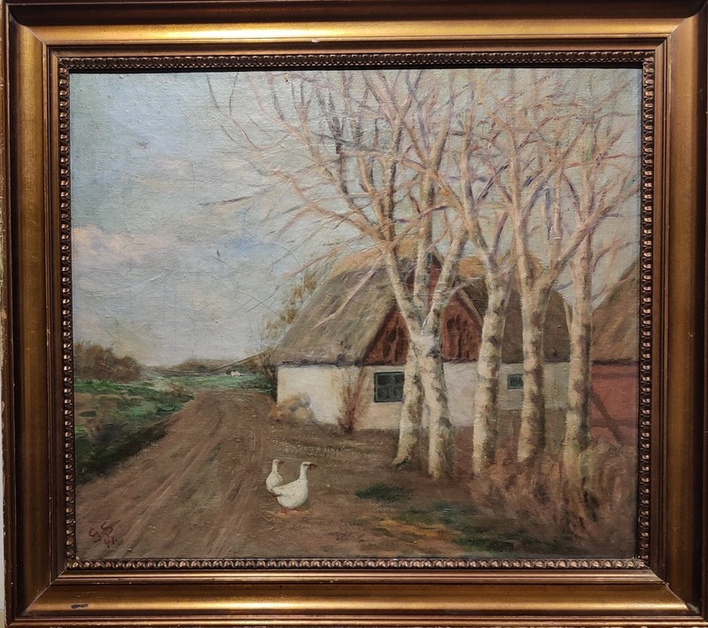 GEESE IN FRONT OF A FARM, original oil painting, dated 1941