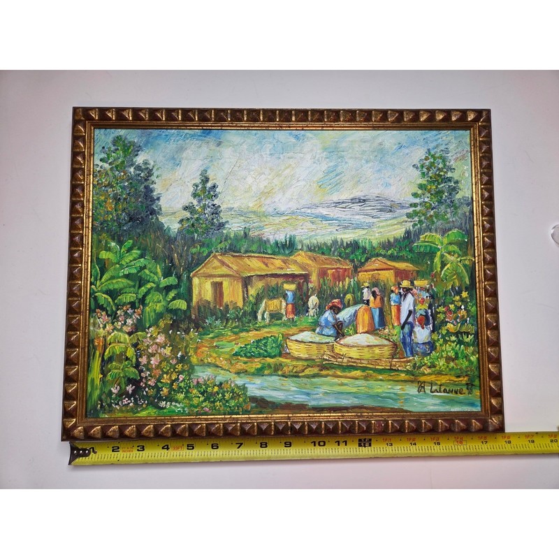 Haitian Village Scene Original Oil Hand Painted Framed 12×16 A. Lalanne 1998