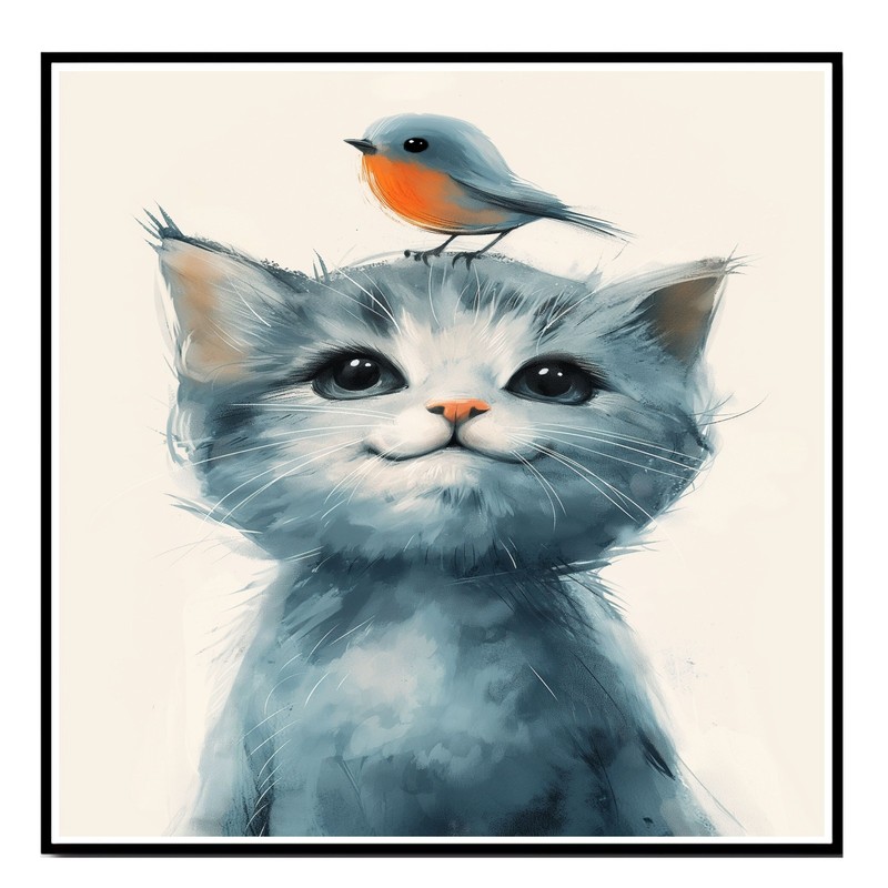 Cat and Bird for Nursery or Kids Room Flat Rolled, Framed or Wrapped Canvas gallery