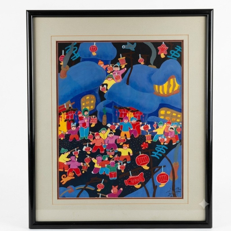 Chinese Peasant Folk Art Painting Jinshan Huxian Signed Lunar New Year Lantern