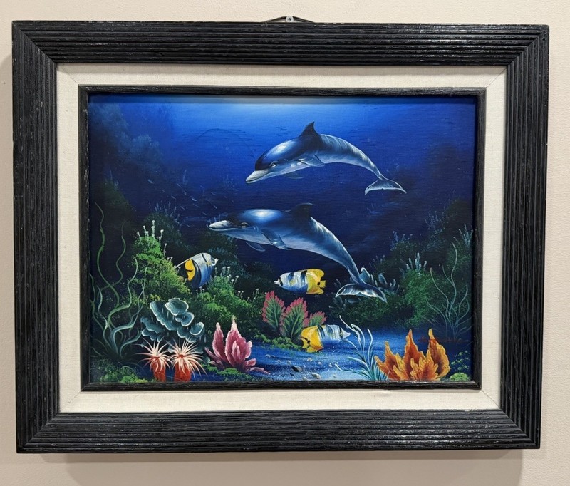 Ambrose VTG UNDER SEA OIL PAINTING DOLPHIN TROPICAL FISH LUMINOUS UNDERSEA