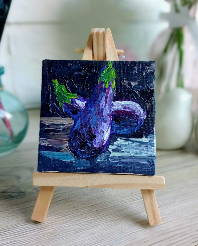 Eggplant Oil Painting 7x7cm Vegetable Painting on Canvas with Easel