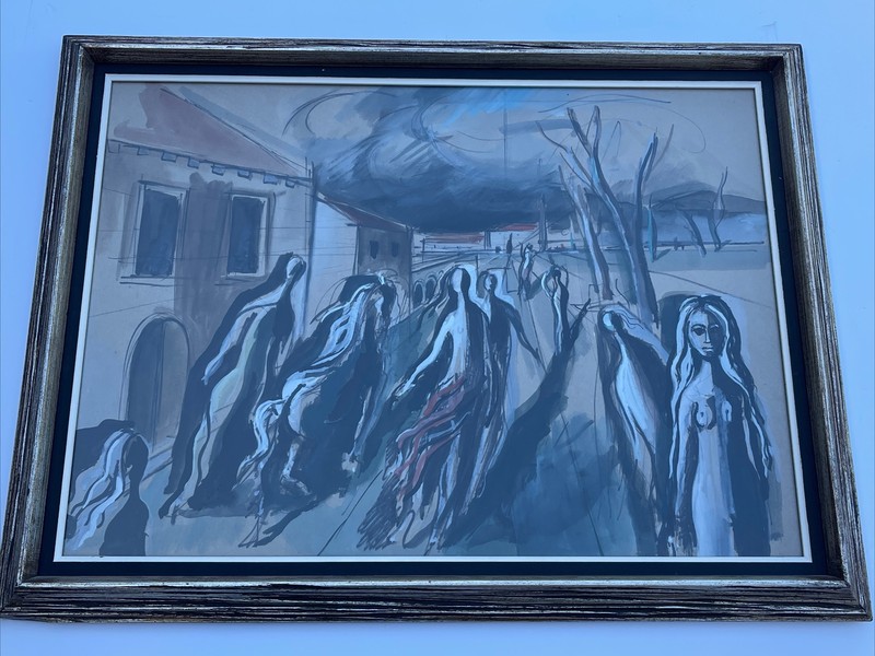 MID CENTURY PAINTING MODERNISM ABSTRACT EXPRESSIONISM SURREAL FIGURES TOWN 1950