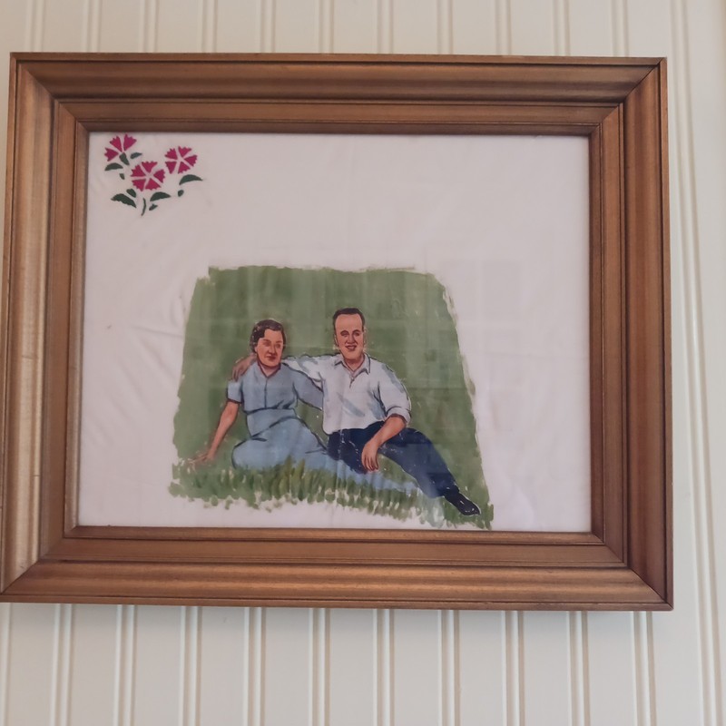 Framed Folk Art Vintage Painting On Handkerchief