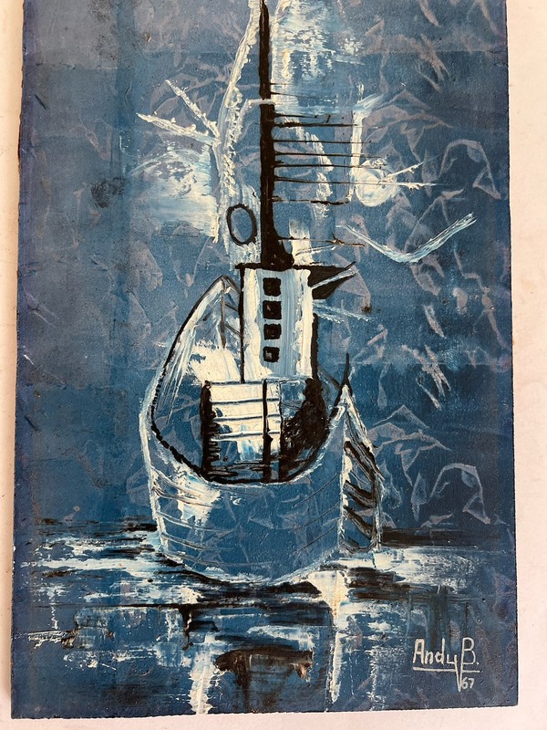 VTG MCM Signe 1967 ANDY B Blue Abstract Fish Ship Vessel Thick Palette Oil Paint gallery
