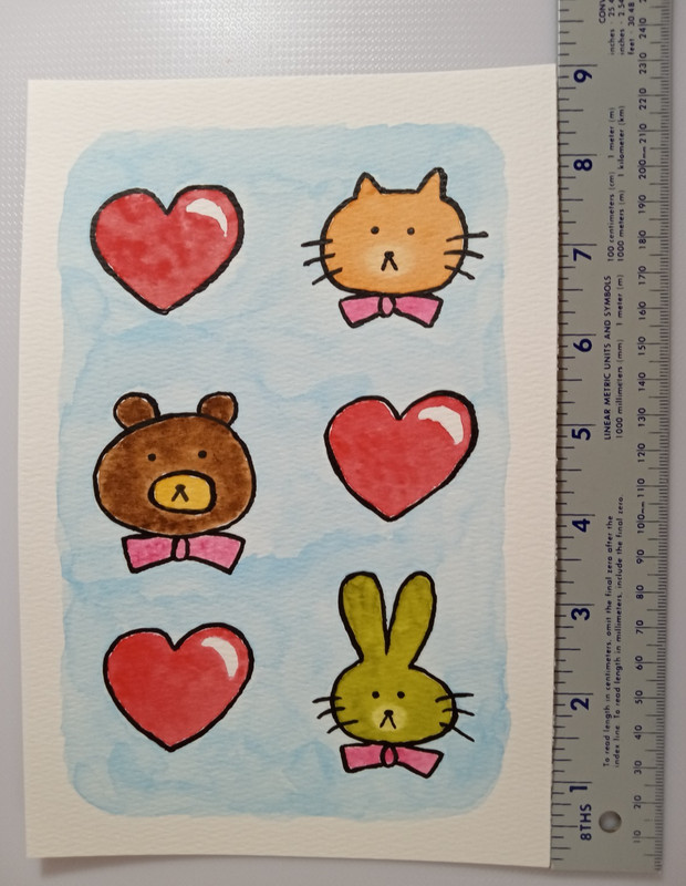 Cat Bear Rabbi Hearts Mixed Media Acrylic & Watercolor Painting on 6" X 9" Paper gallery
