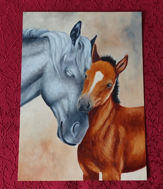 Horses oil artwork, mare and foal portrait, Horse art gallery