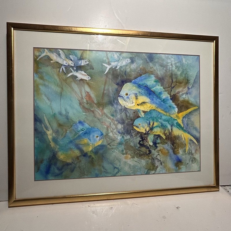 Gwen Garfall Original Watercolor Painting Dolphins Mahi-Mahi Fish Nautical Art