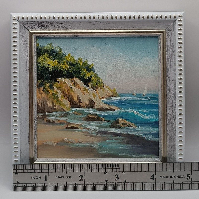Original Miniature Seascape Oil Painting Rocky Coast Sailboats 4x4 Small Art gallery