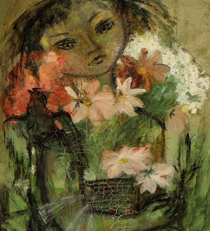 Madeleine Scellier French ORIGINAL MCM oil painting Girl with Flowers gallery