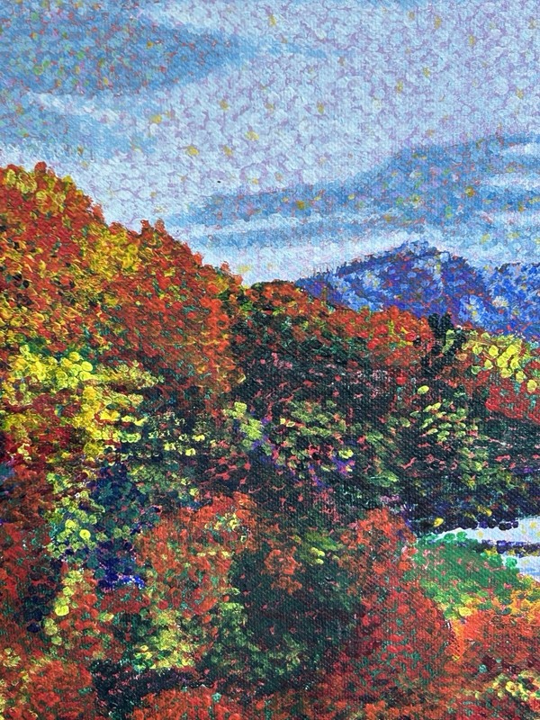 Pointillist Autumn Landscape Original Acrylic Painting, Unsigned, Unframed. gallery