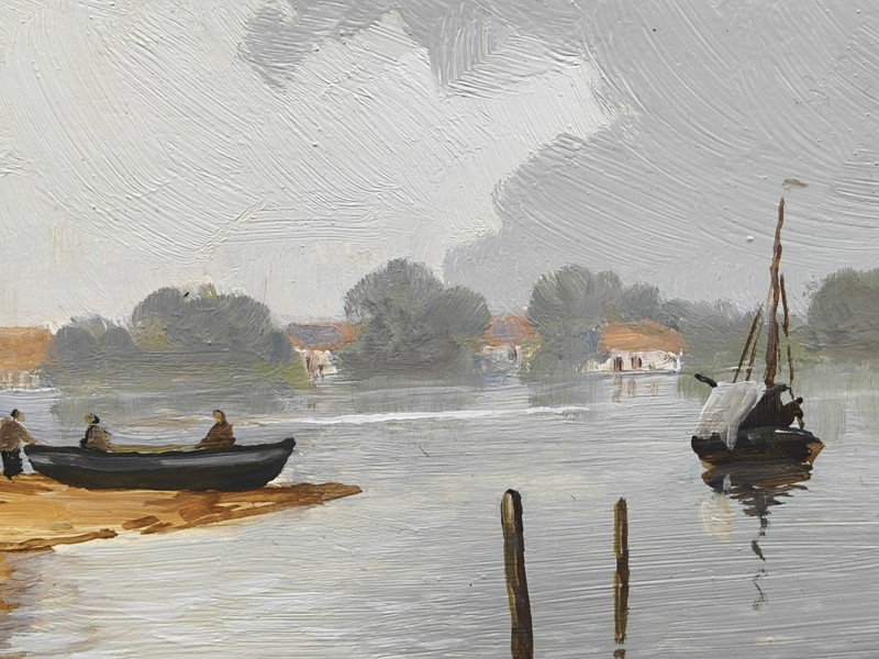 Erich Demmin Oil Painting, Signed, Dutch Waterfront Landscape, 1911–1997 gallery