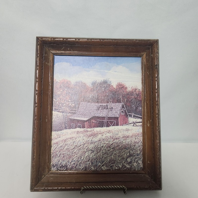 Countryside Barn Landscape Vintage Framed Pic By Shelli Rabin. Handcarved Wood.
