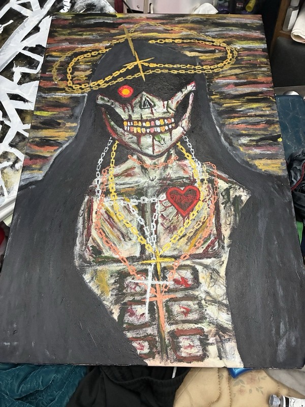 Skull Skeleton Figure Painting w/ Chains & Red Heart Contemporary Abstract Art