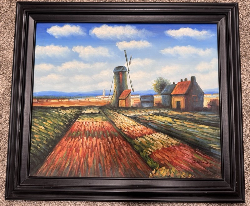 Original Signed Tulip Fields . oil on canvas.Framed. Vibrant Colors 29”x25”