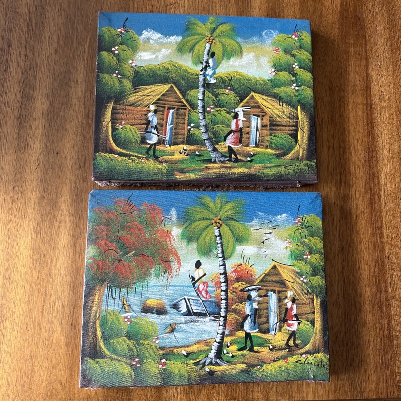 2 Vintage Haitian Genre Oils of wooden huts with people working illegibly signed