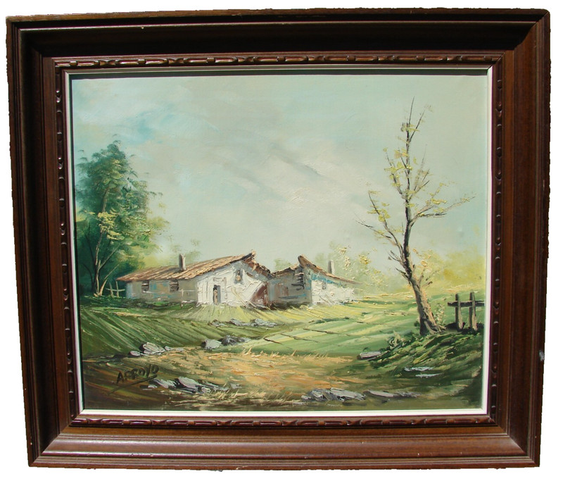 VTG Oil PAINTING Landscape House MOUNTAIN Tree Framed CANVAS ART Sign ARROYO