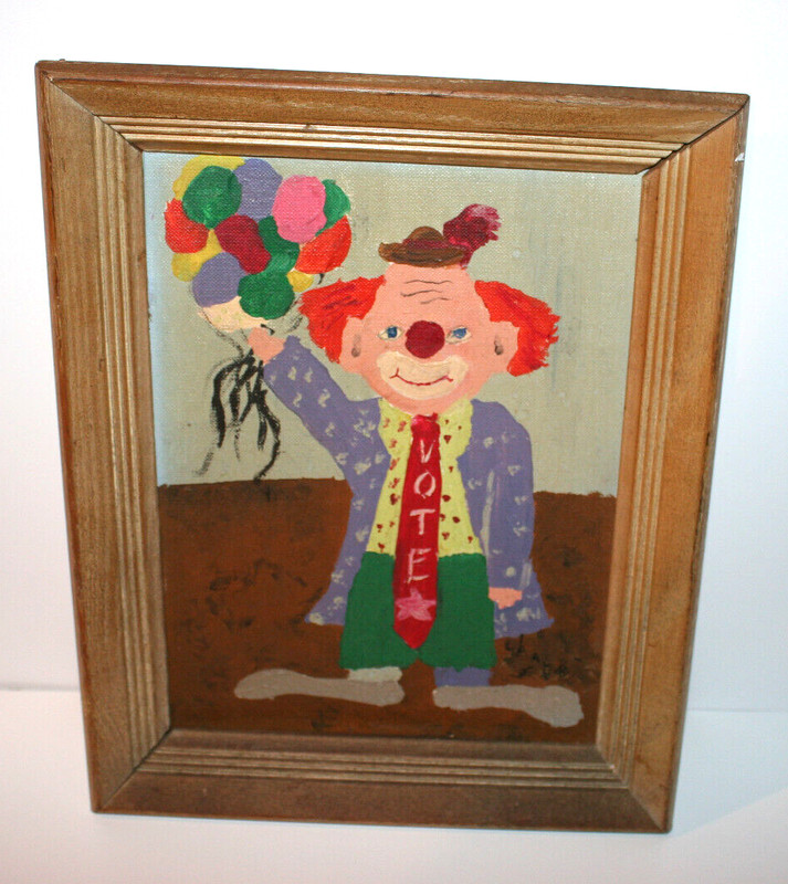 VTG 1978 Signed Clown w/Balloons Vote Political Original Painting Framed 12×14.5