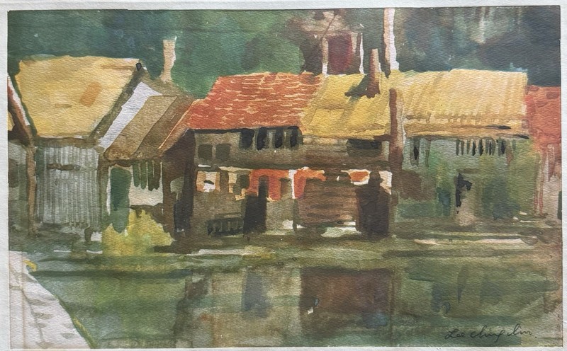 Lee Ching Lim Signed Watercolor on Paper Houses Waterscape Unframed