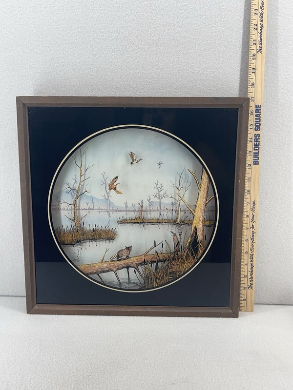 VTG 3D Reverse Painting Raccoon Lake Scene Framed Art Tom Cryer gallery