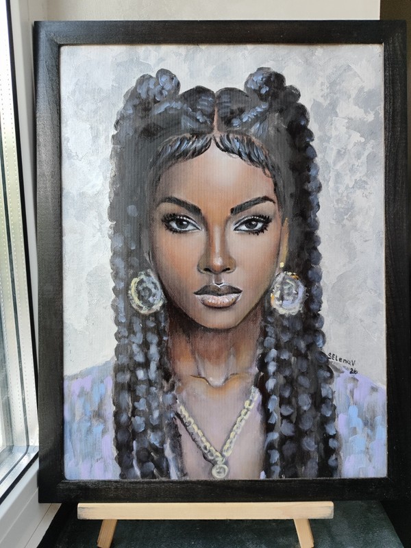 Original Oil Painting African Woman with Siamese Cat Portrait Pearl Background