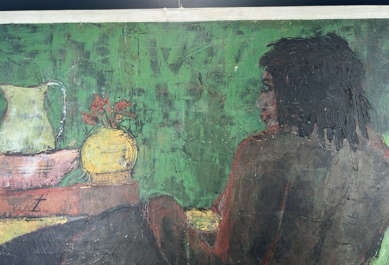 Harry Jacques Arijac Vtg Encaustic Painting Naked Women Figure 24x40" Damaged gallery