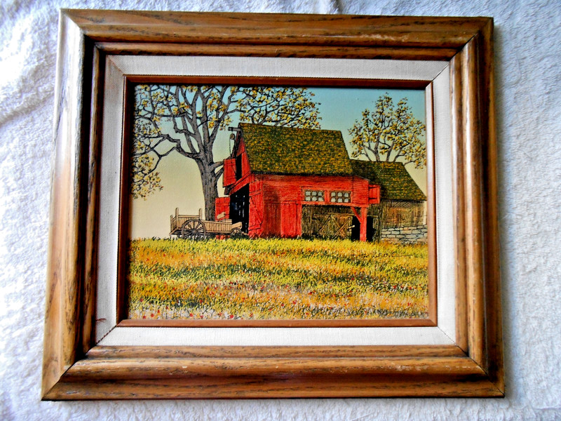 H. Hargrove Red Barn Seriograph Painting Framed Fall Theme
