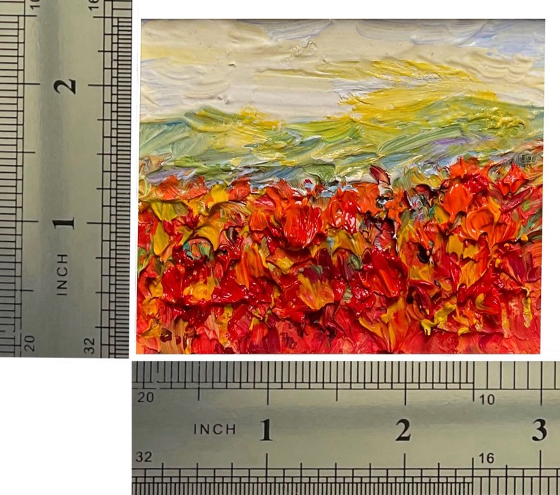 Original Oil Painting Poppy Field Landscape Impasto Mini Art 2.5x3 in Signed OS gallery