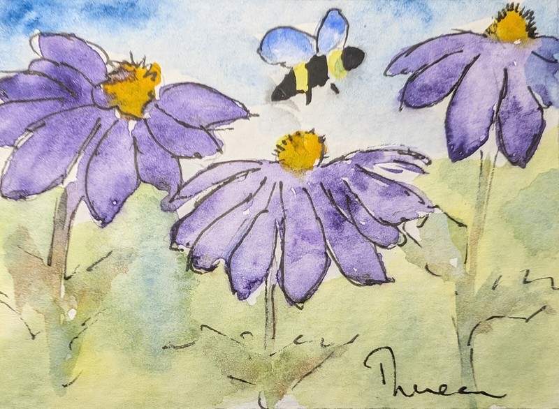 Coneflowers And Bee – Original ACEO or ATC Unmatted watercolor painting