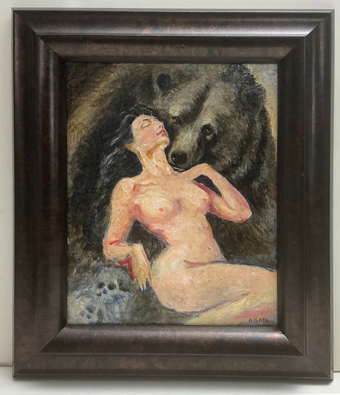 Woman & Bear Skull Memento Mori Vanitas Painting La Petite Mort [1306AG]