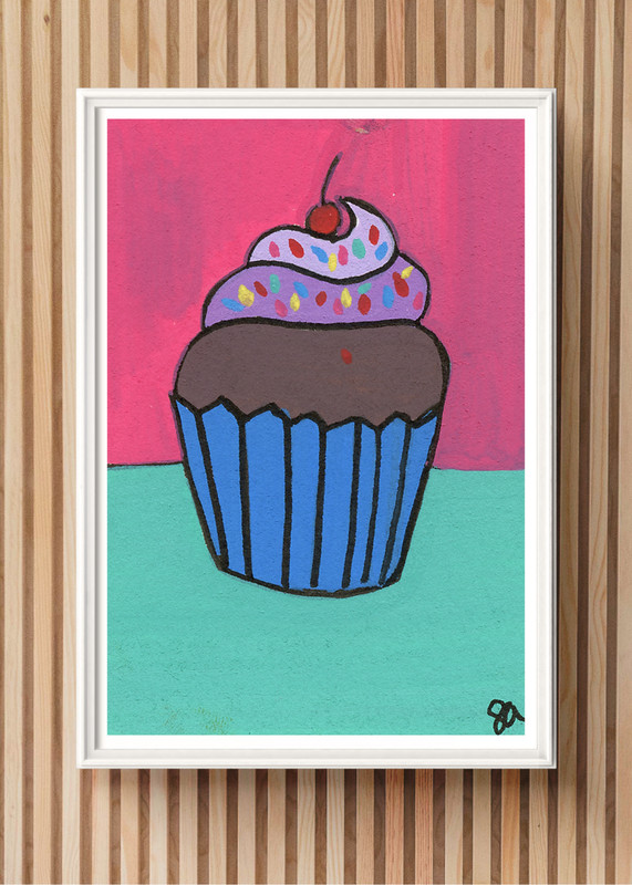 ACEO/ ATC Purple Cupcake Acrylic Marker OOAK Original Art SaraClaireArt