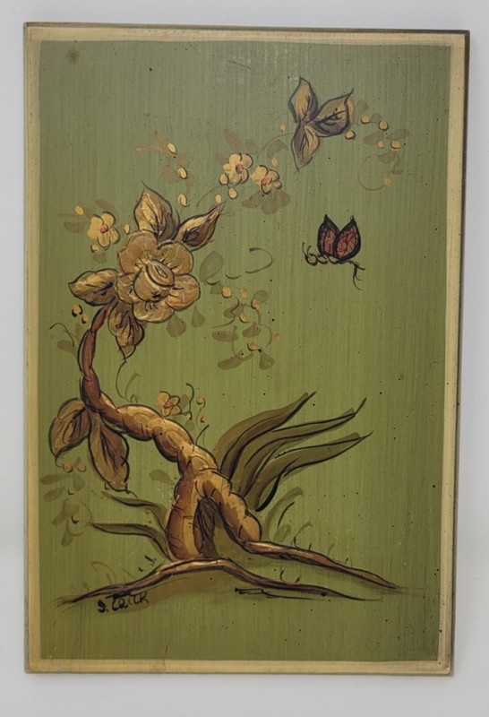 Vintage Flower & Butterfly Hand Painted Wooden Plaque Wall Art by S. Crick 6″x9″