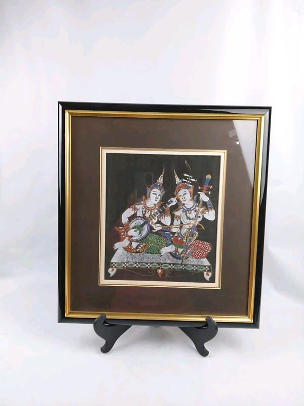 Vintage Thai Silk Painting Mythical Framed 16 x 18 Bankok Nice