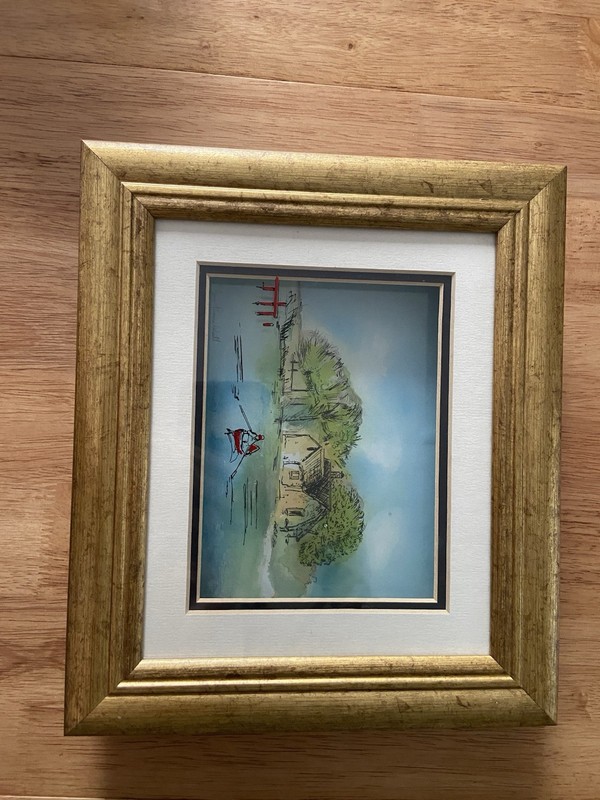Jean Pierre Weill Vitreograph Painting Signed 3 D Effect Row Boat Island Cabin