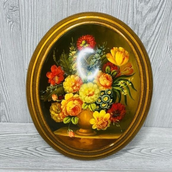 Vintage 3D domed floral / flower painting on wooden frame lacquered wall art
