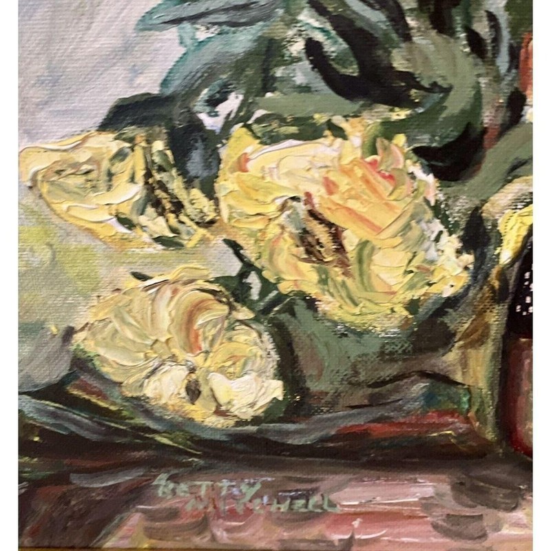 Coquette Vibrant VTG Signed Floral Still Life Oil Painting Gold Frame Original gallery