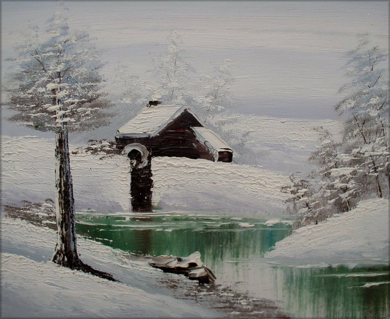 8x10in Quality Hand Painted Oil Painting Cottage in a Snowing Landscape-2